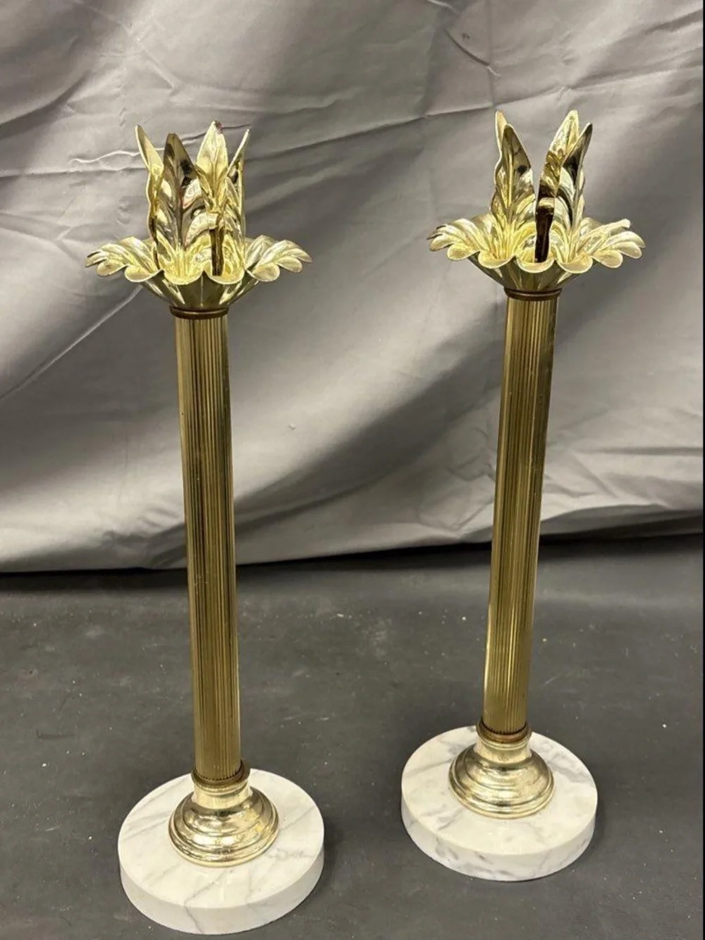 Gold Leaf Candlestick Pair with White Marble Bases